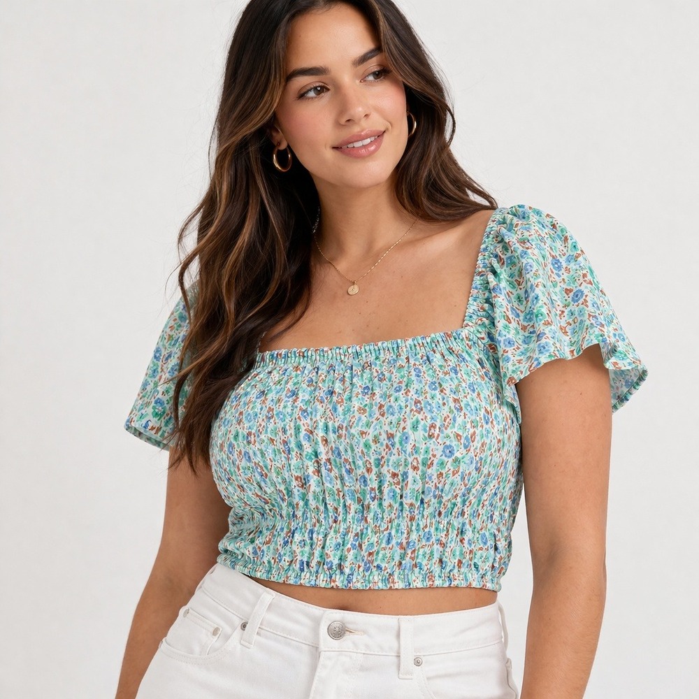 Lane Bryant Mint Green Floral Smocked Flutter Sleeve Crop Top Sz 24 Cottagecore